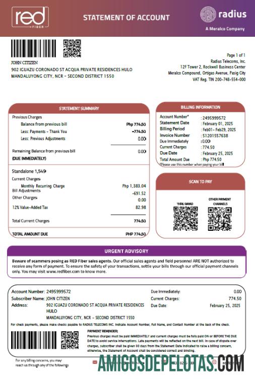 Em branco modelo de fatura de serviços públicos de fibra vermelha das Filipinas em formatos Word e PDF